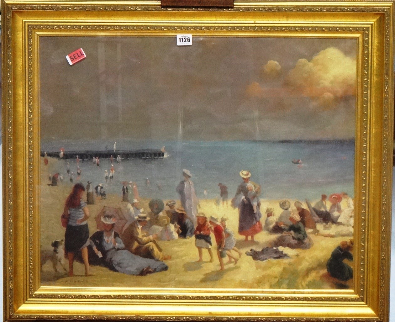 Appraisal: E Cozens th century Beach scene oil on canvas signed