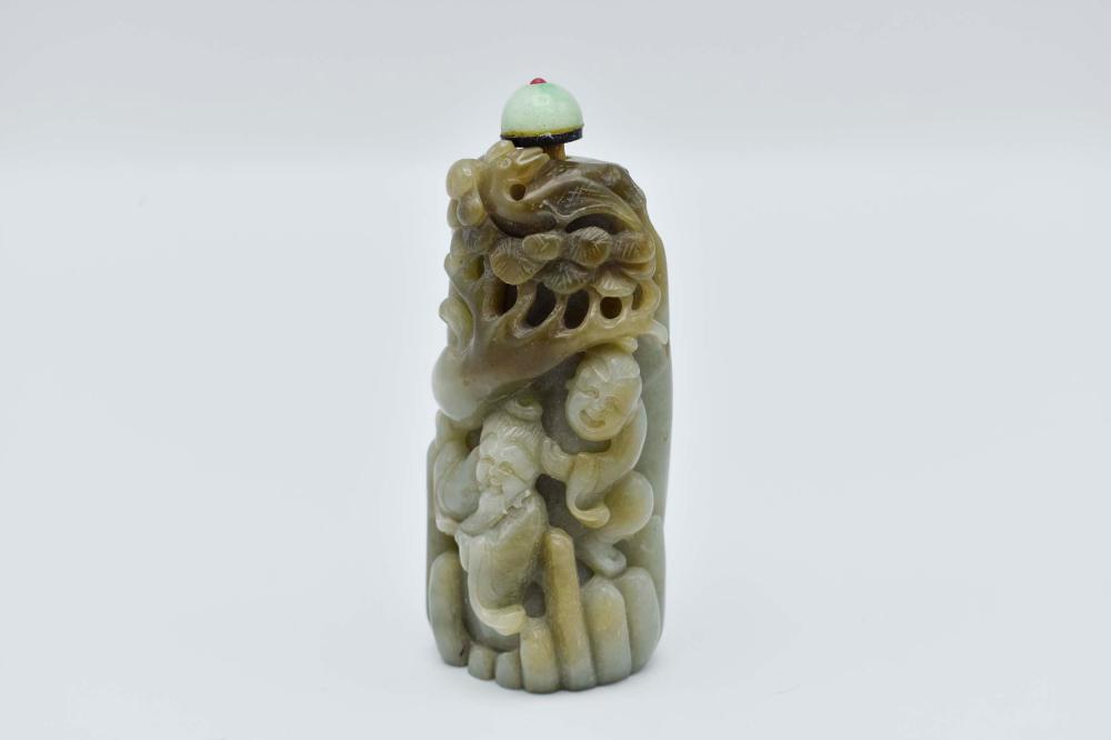 Appraisal: CHINESE CELADON JADE SNUFF BOTTLEOblong in shape and decorated in