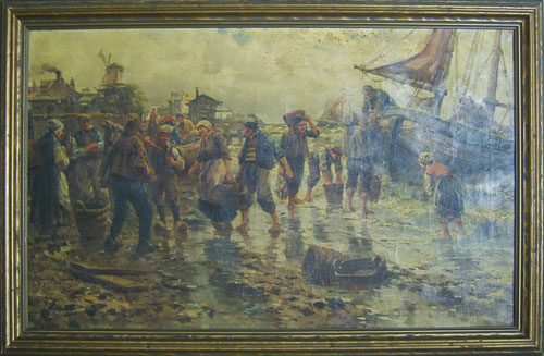 Appraisal: Oil on canvas harbor scene late th c signed L