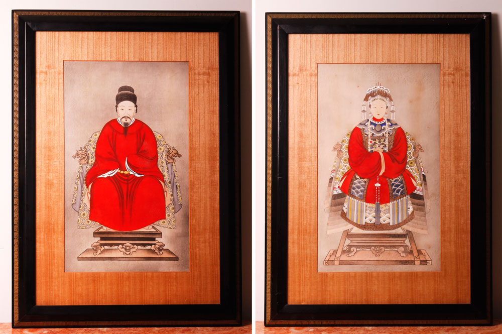 Appraisal: - Pair of Chinese Ancestor Portraits Pair of Chinese ancestor