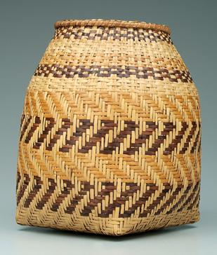 Appraisal: Cherokee river cane basket square to round bands of herringbone