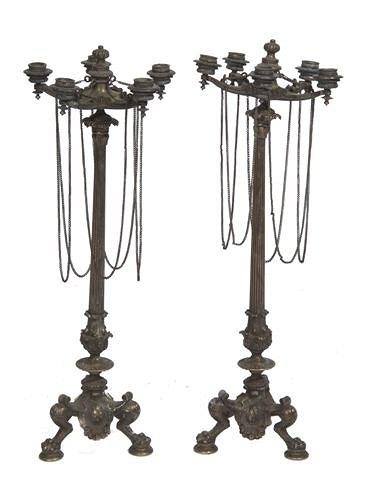 Appraisal: A PAIR OF ITALIANATE BRONZE FIVE BRANCH CANDLE HOLDERS with