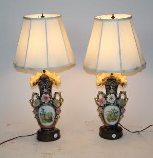 Appraisal: A pair of floral ceramic Rockingham lamps A pair of