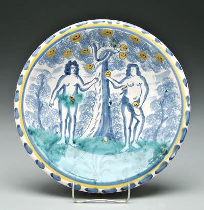 Appraisal: Delft Adam and Eve plate Adam and Eve flanking tree