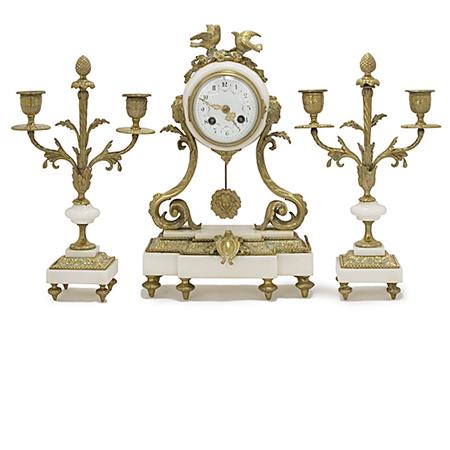 Appraisal: Louis XVI Style Gilt-Metal Mounted White Marble Clock Garniture Estimate