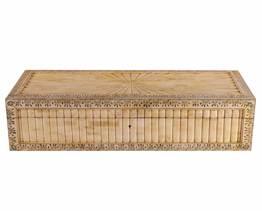 Appraisal: ANGLO-INDIAN BONE-VENEERED BOXwith decorative border along each side the hinged