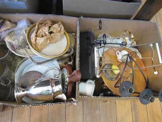 Appraisal: TWO BOXES INCL GLASS EP CHINA CANDELABRA WOODEN TRAY ETC