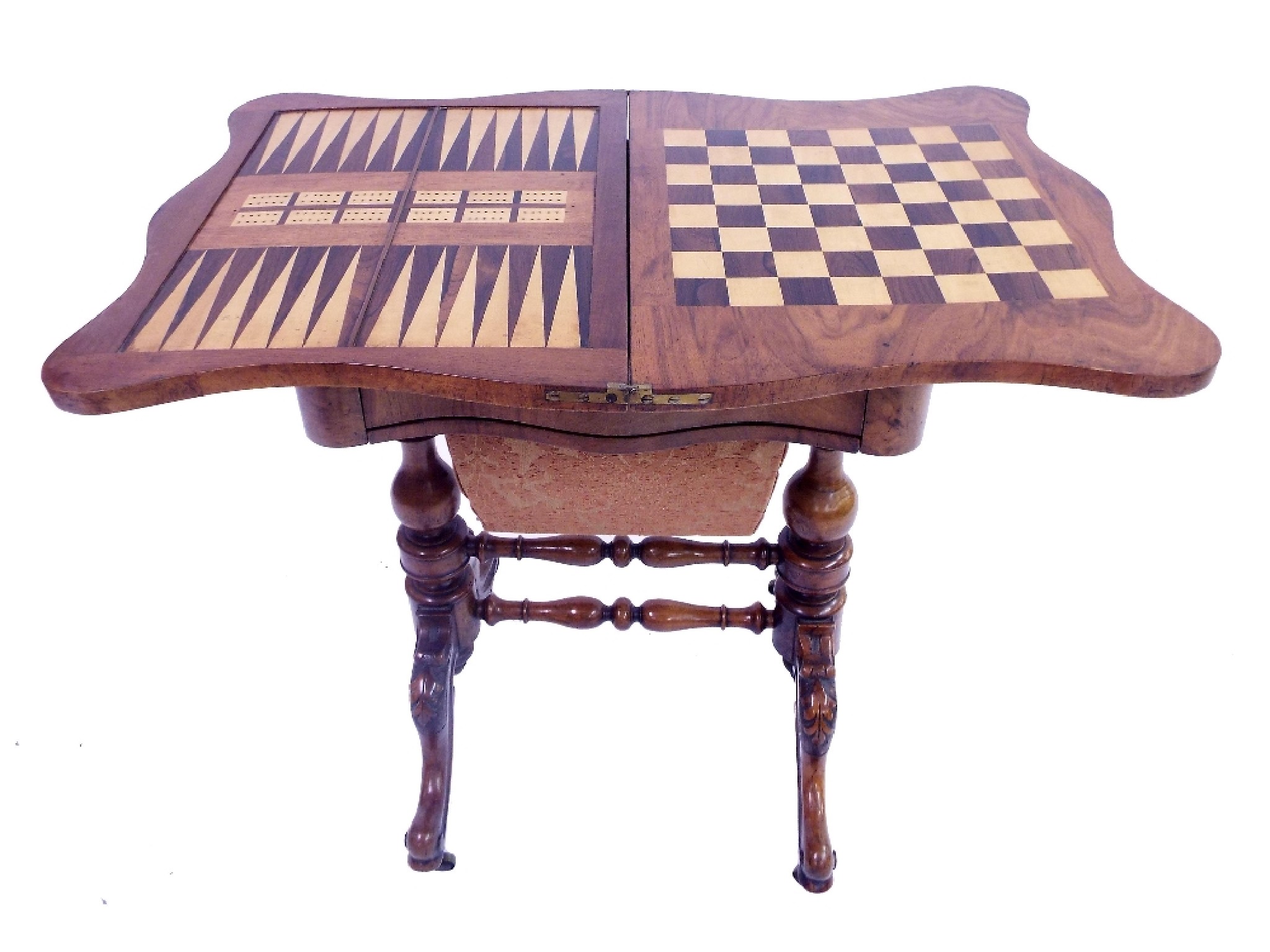 Appraisal: Victorian burr walnut serpentine games table the foldover top enclosing