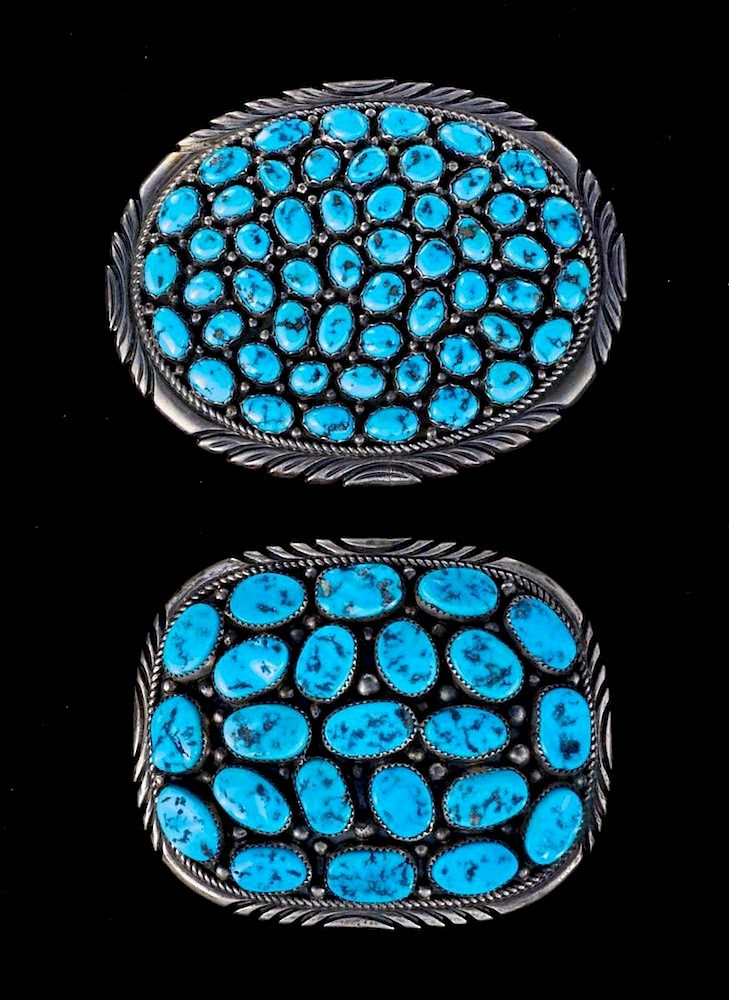 Appraisal: NAVAJO BELT BUCKLES Two Vintage old pawn turquoise coral and