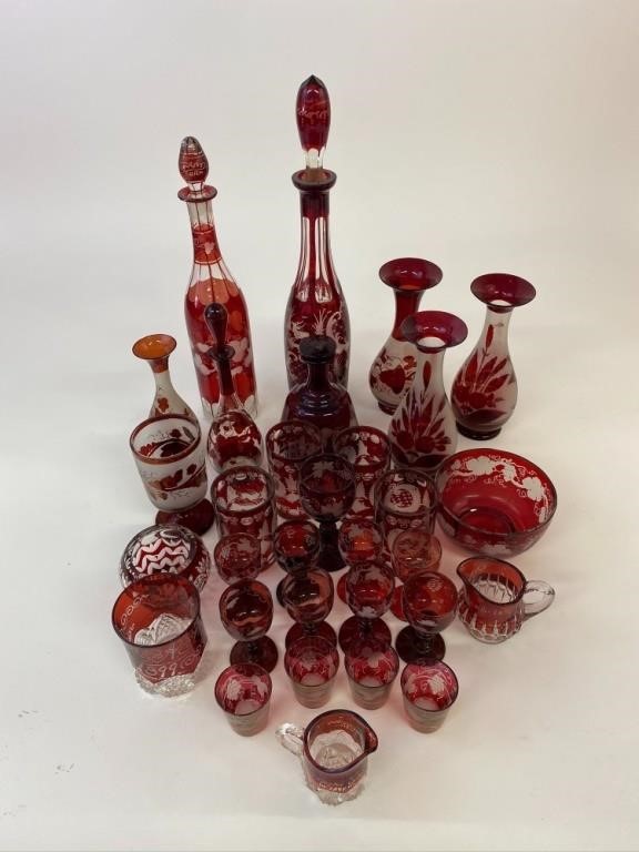 Appraisal: Red Bohemia glassware to include decanters tallest h wine glasses