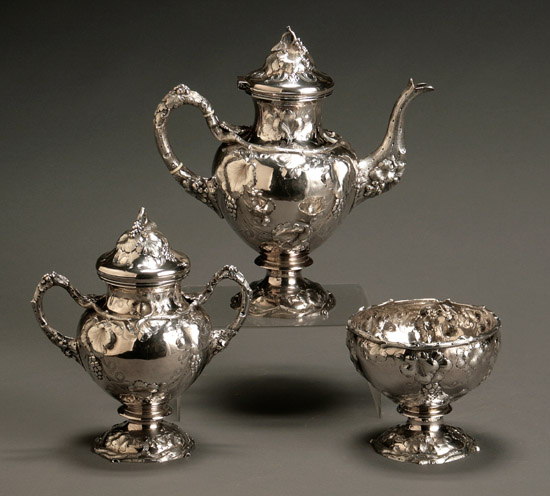 Appraisal: American Repouss Silver Three-Piece Tea Service Possibly Montgomery Co New