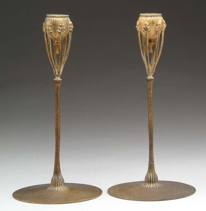 Appraisal: PAIR TIFFANY STUDIOS BRONZE CANDLESTICKS Nice Tiffany candlesticks have round