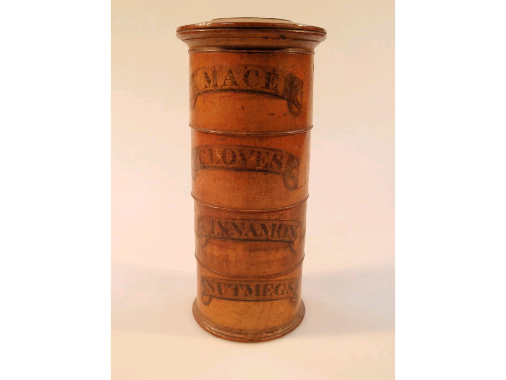 Appraisal: A thC treen spice tower with four compartments labelled mace