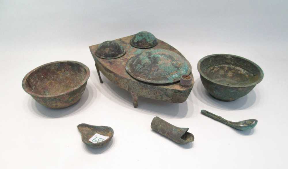 Appraisal: NINE PIECE CHINESE FLUID OIL LAMP consisting of a boat-shaped