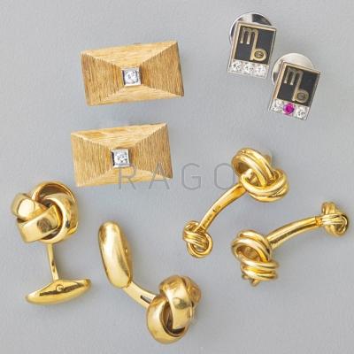 Appraisal: THREE PAIRS GOLD CUFFLINKS AND TWO TIE TACKS k yg