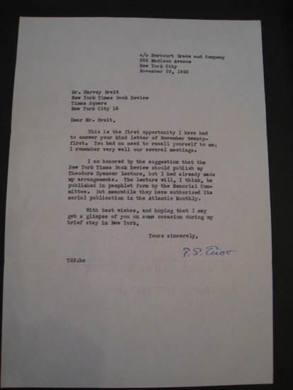 Appraisal: ELIOT T S Typed letter signed to Harvey Breit New