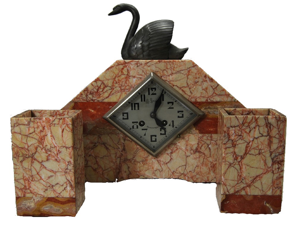 Appraisal: A French Art Deco period marble clock garniture having a