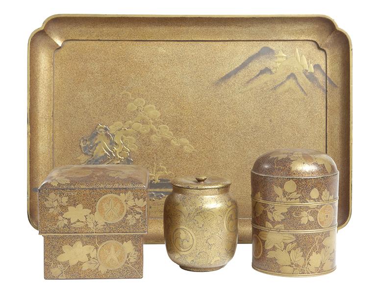 Appraisal: THREE JAPANESE LAQUER BOXES ON A LACQUER TRAY INCLUDING A