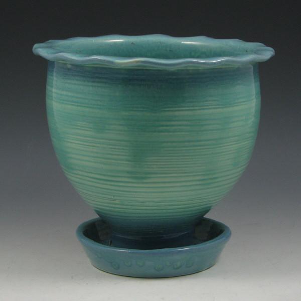 Appraisal: Weller flower pot with attached saucer in blue and turquoise