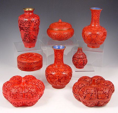 Appraisal: ESTATE COLLECTION CHINESE RED LACQUER piece lot to include pair