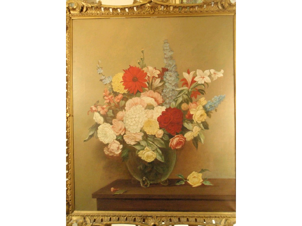 Appraisal: Still-life with flowers in a vase Oil on canvas Unsigned