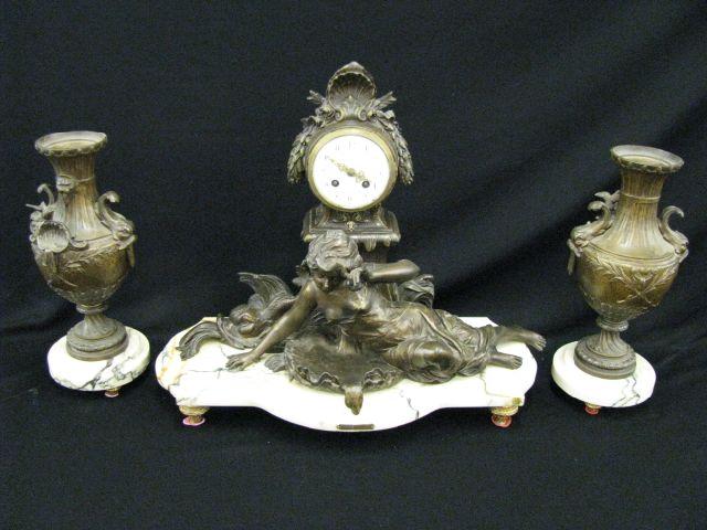 Appraisal: French Victorian pc Clock Mantle Set Art Nouveau lady reclining