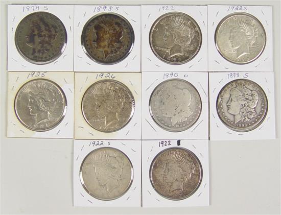 Appraisal: Ten Silver Dollars Four Morgans -S -O -S coins grading