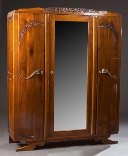 Appraisal: French Art Deco Carved Walnut Triple Door Armoire early th