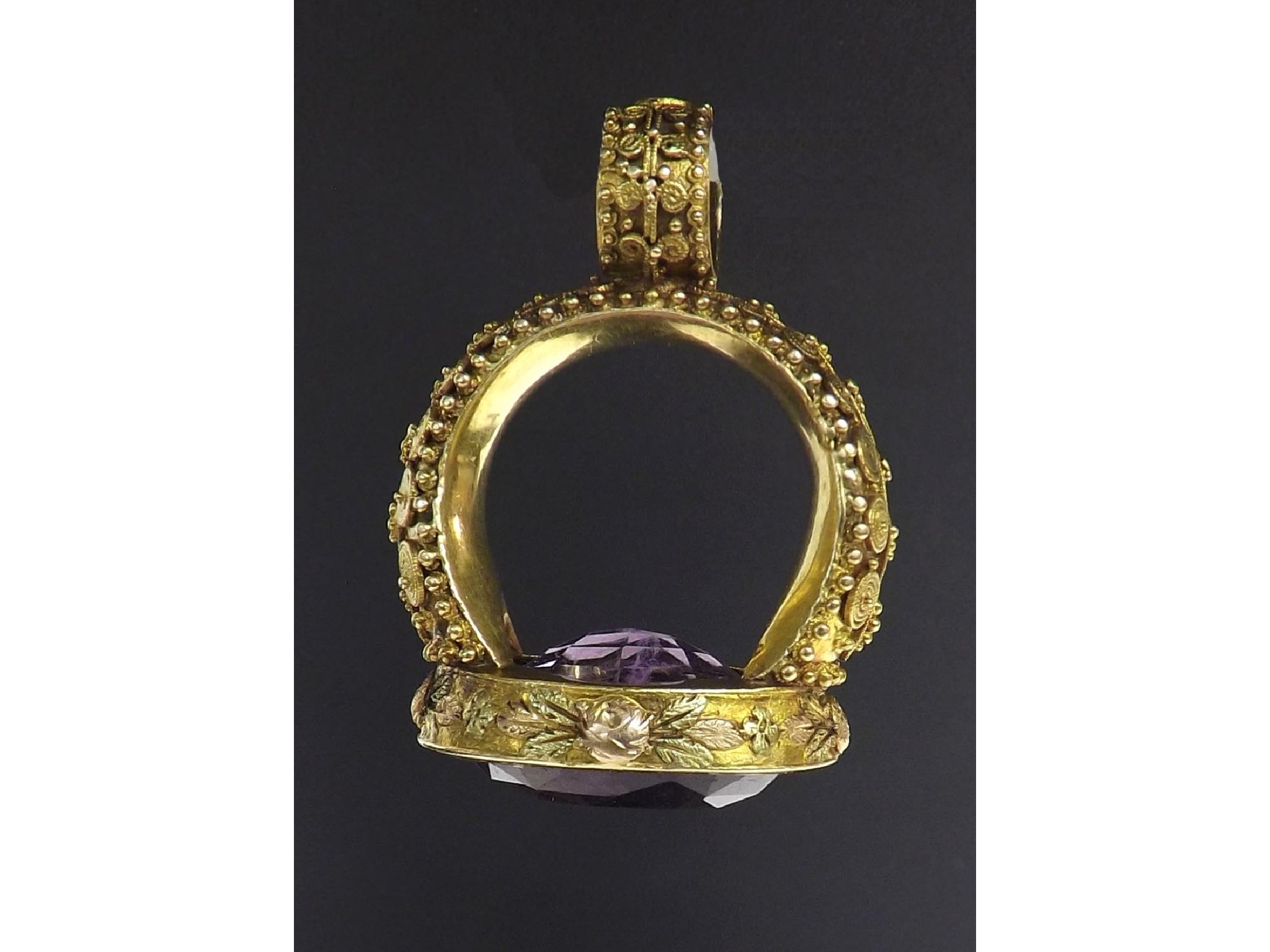 Appraisal: Amethyst gold mounted fob seal with wire and bead decoration