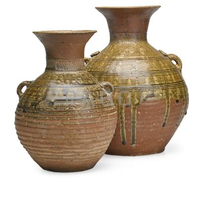 Appraisal: ASH GLAZED VESSELS Two one with incised designs to neck