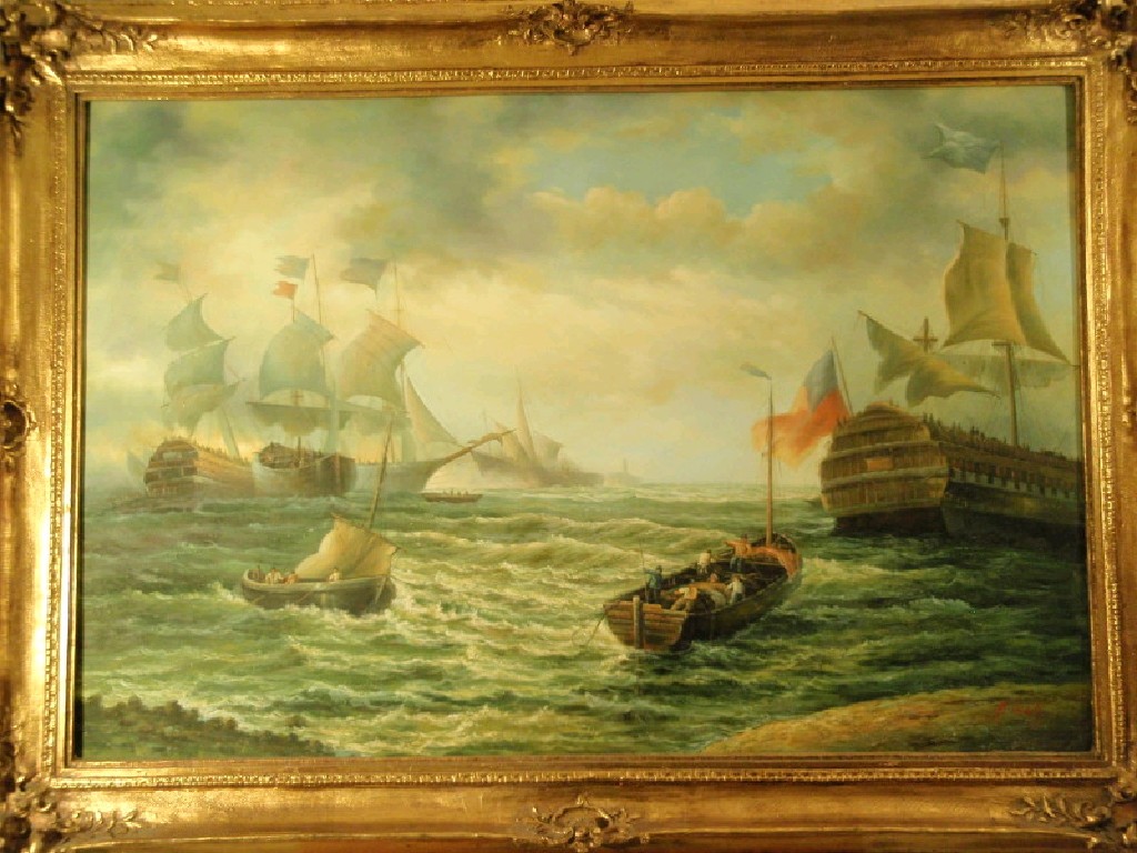 Appraisal: thC School Shipping of the Coast oil on canvas indistinctly