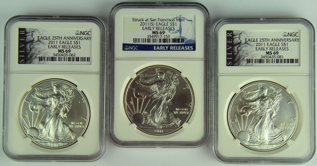 Appraisal: Three Silver EaglesDates are coins - early release and S