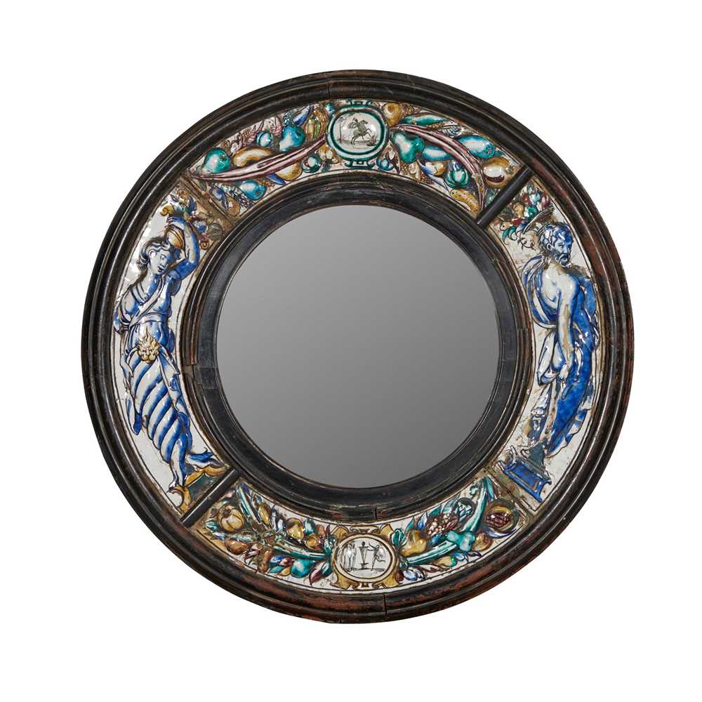 Appraisal: CONTINENTAL ENAMEL AND EBONISED CONVEX MIRROR TH TH CENTURY the