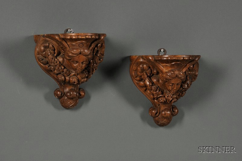 Appraisal: Pair of Baroque-style Carved Oak Wall Brackets early th century