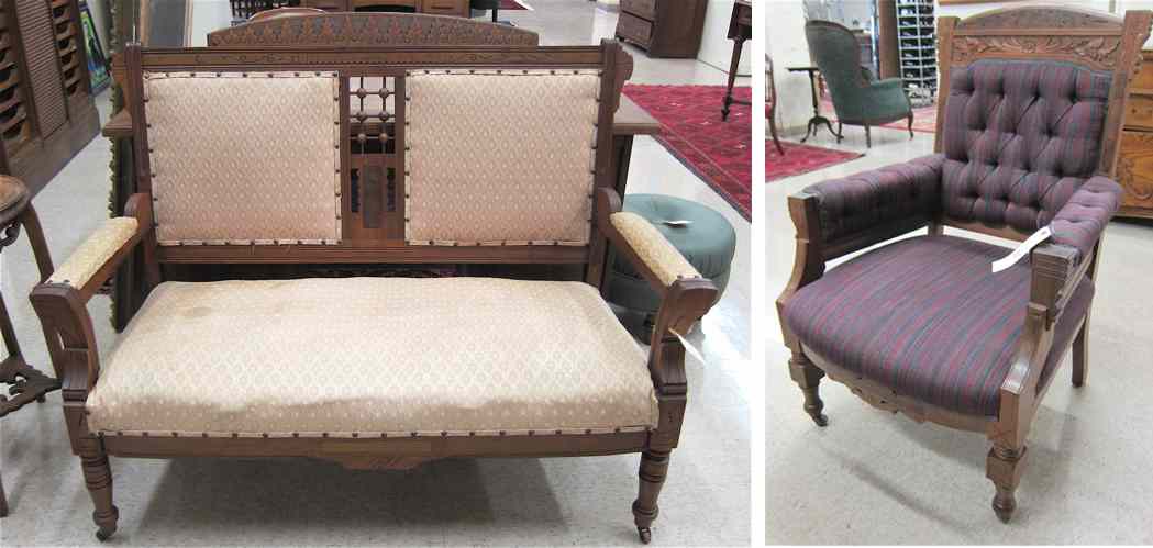 Appraisal: VICTORIAN SETTEE AND ARMCHAIR Charles Eastlake design American c having