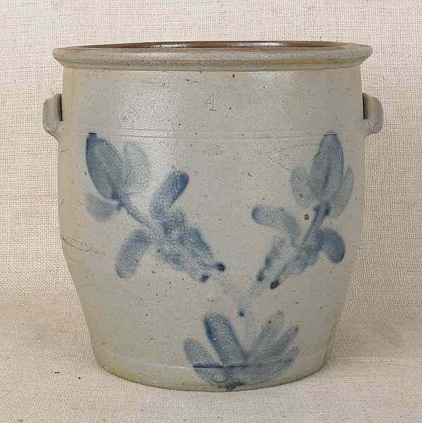 Appraisal: Pennsylvania four-gallon stoneware crock th c with cobalt floral decoration