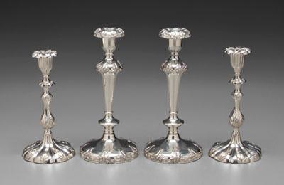 Appraisal: Two pairs silver-plated candlesticks foliate decoration on bases bobeche and