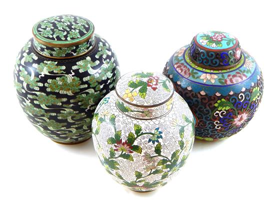 Appraisal: ASIAN Three cloisonn ginger jars all with bulbous form and