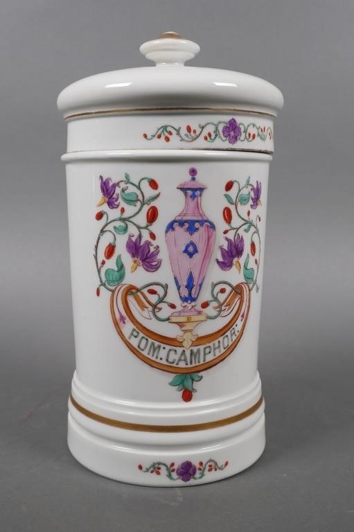 Appraisal: Antique hand painted French apothecary medicine or drugstore lidded jar