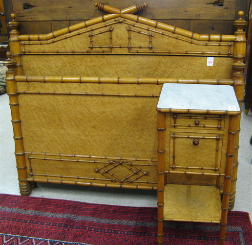 Appraisal: VICTORIAN BURL MAPLE AND FAUX BAMBOO BED NIGHTSTAND SET Continental