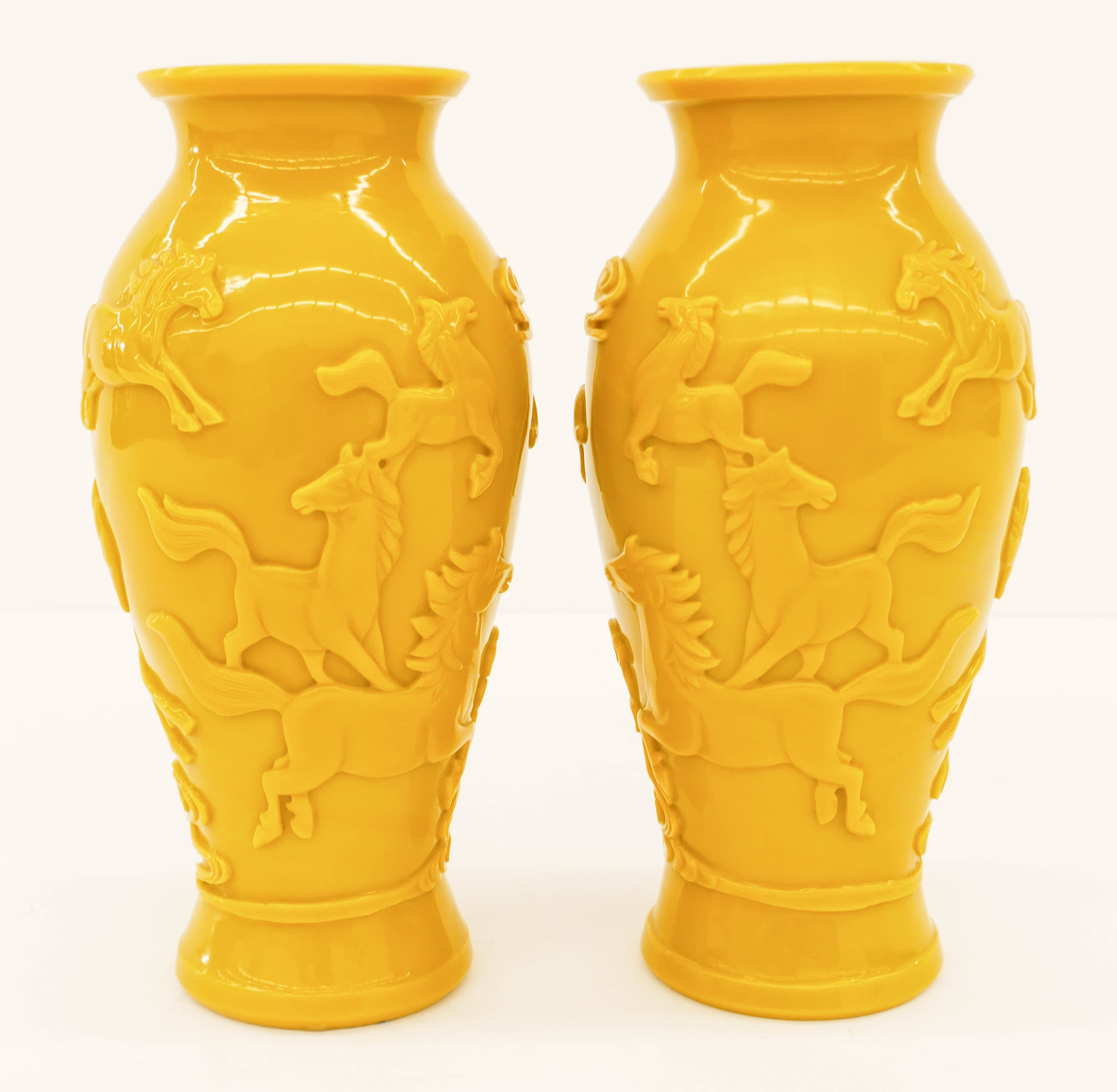 Appraisal: Pair Chinese Yellow Peking Glass Horse Vases ''x '' True