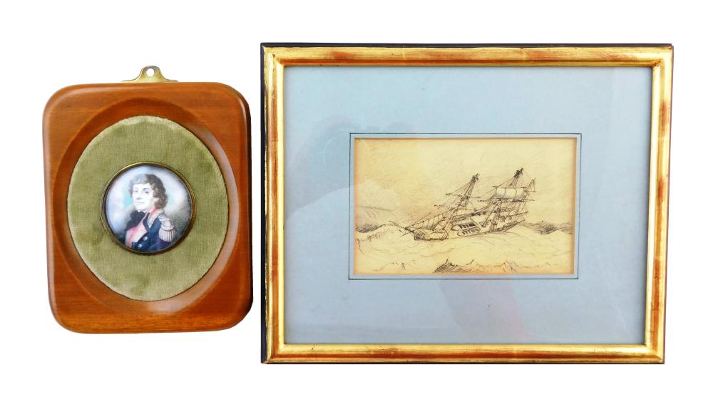 Appraisal: Two framed artworks one miniature watercolor on unknown support depicts