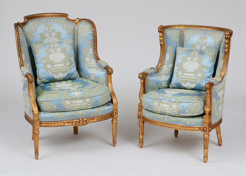 Appraisal: TWO SIMILAR LOUIS XVI STYLE GILTWOOD BERG RES With winged