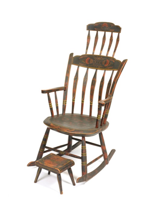 Appraisal: GRAIN PAINTED AND DECORATED ARROWBACK ROCKER AND FOOT STOOL Provenance