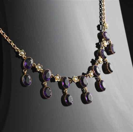 Appraisal: A ct gold seed pearl and amethyst drop necklace set