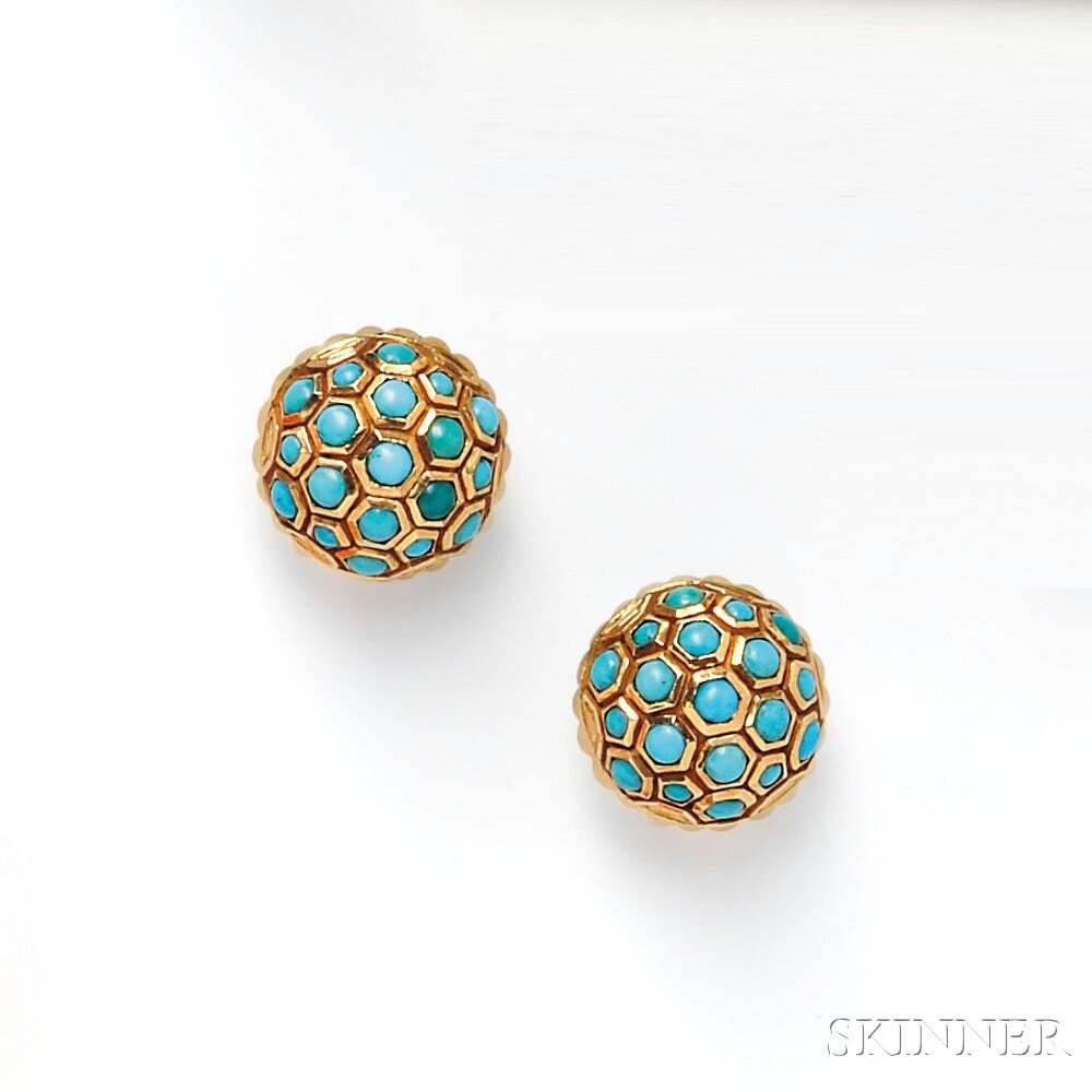 Appraisal: kt Gold and Turquoise Earclips France each dome set with