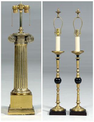 Appraisal: Three modern brass lamps one tapered and fluted column with