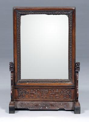 Appraisal: Chinese table screen mortise-and-tenon construction framed mirror with carved fretwork