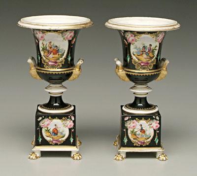 Appraisal: Pair Paris porcelain urns each with hand painted pastoral scenes