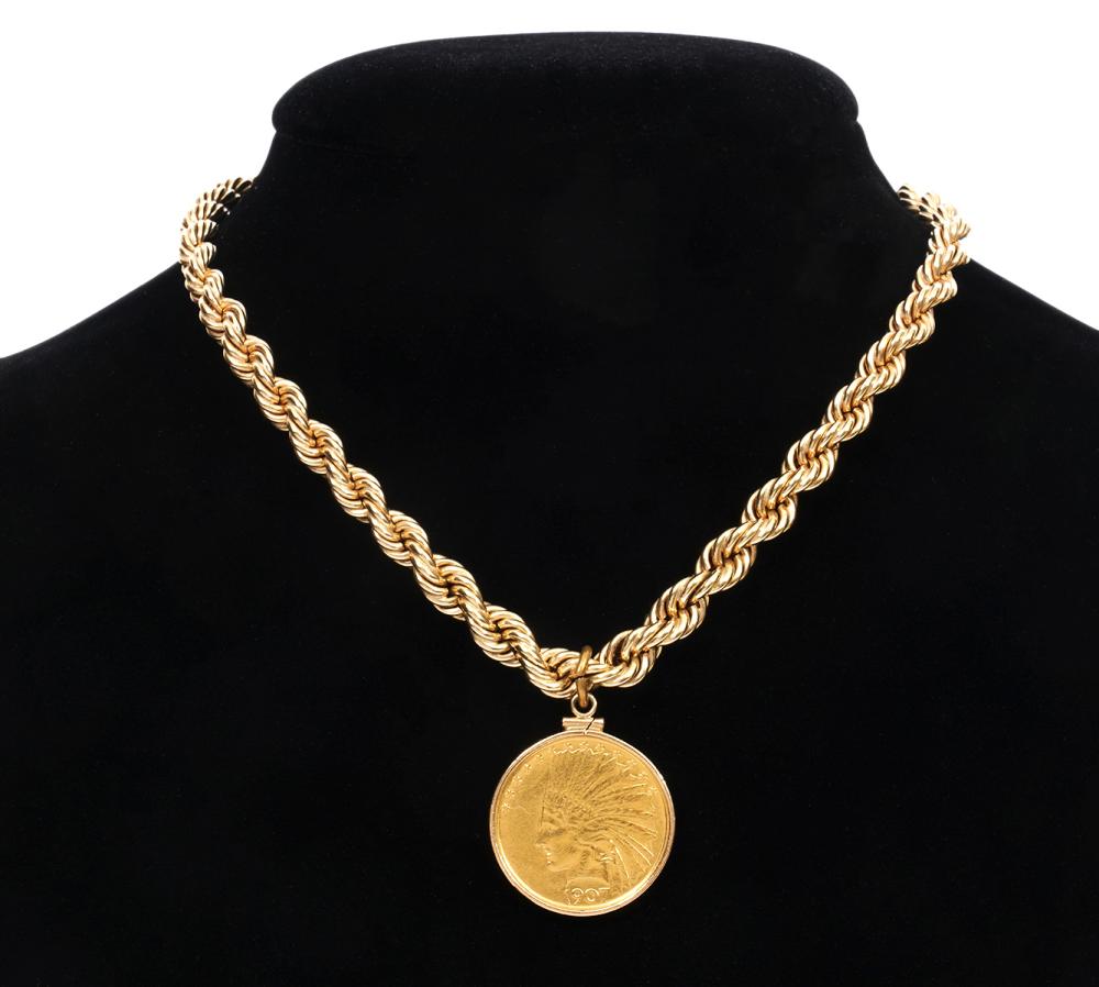 Appraisal: TEN DOLLAR INDIAN GOLD EAGLE COIN NECKLACETen Dollar Indian Gold